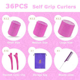 Self grip hair roller set 36 pcs,Heatless hair curlers,Hair rollers with hair roller clips and comb,Salon hairdressing curlers,DIY Hair Styles, Sungenol 3 Sizes Rose red Hair Rollers in 1 set