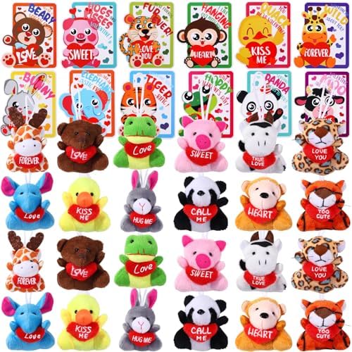 24 Pack Kids Valentine's Day Cards with Plush Animal Keychains Toy for Boy Girl Classroom School Gifts Exchange Prizes Valentine Party Favors