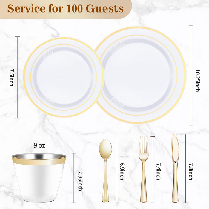 BESTVIP 600PCS Plastic Dinnerware Set (100 Guests), Gold Disposable Plates for Party, Wedding, Anniversary, Includes: Dinner Plates, Dessert Plates, Cups, Spoons, Forks and Knives