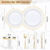 BESTVIP 600PCS Plastic Dinnerware Set (100 Guests), Gold Disposable Plates for Party, Wedding, Anniversary, Includes: Dinner Plates, Dessert Plates, Cups, Spoons, Forks and Knives