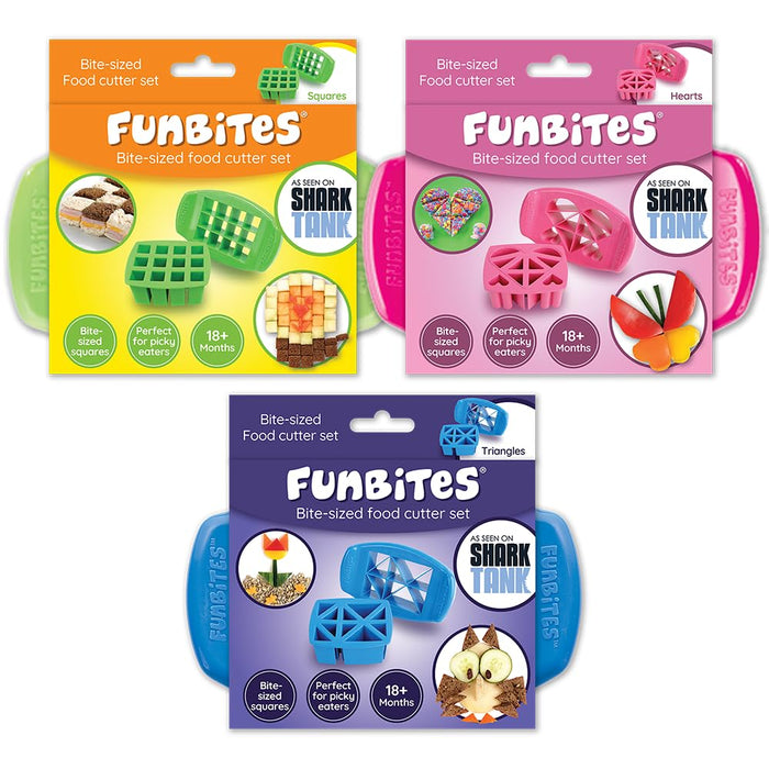 FunBites Set of 3 Food Cutters, Green Squares, Pink Hearts, Blue Triangles