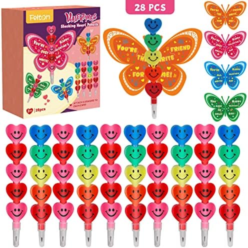 28 Pack Valentines Day Gift Cards for Kids with Stacking Heart Pencils, Valentines Day Gifts for Kids Boys Girls, Valentine School Classroom Party Favor Exchange Prizes Toys Set