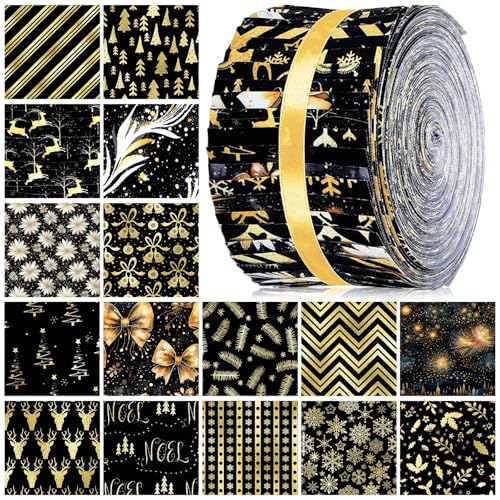 Hosuly 40 Pcs Christmas Fabric Patchwork Roll Black and Gold Quilting Fabric Roll up Xmas Snowflake Fabric Quilting Strips 2.55 Inch Precut Patchwork Roll for Craft Sewing DIY Crafts