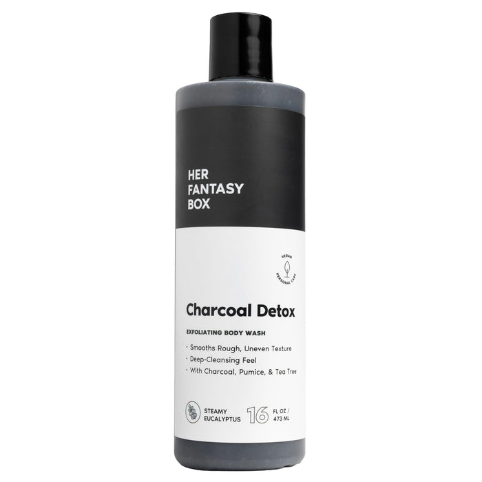 Her Fantasy Box | Charcoal Detox Exfoliating Body Wash – Activated Charcoal & Pumice Deep Cleanser with Tea Tree & Eucalyptus, Refreshing Exfoliation for Smoother Skin, Vegan & pH Balanced (16 oz)