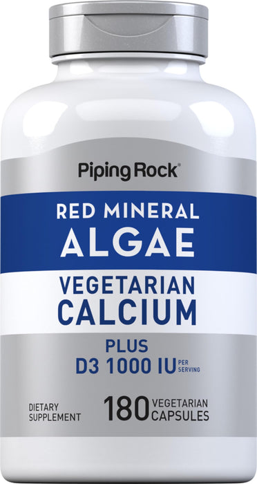 Red Mineral Algae | Vegetarian Calcium | 180 Capsules | Plant Based Plus Trace Minerals | Plus D3 1000 IU | Non-GMO, Gluten Free Supplement | by Piping Rock
