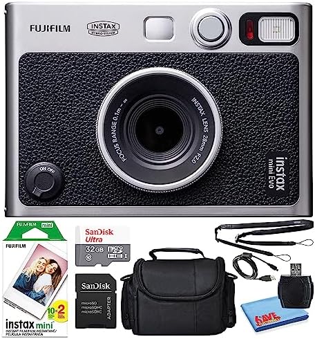 Fujifilm Instax Mini EVO Hybrid Instant Film Camera (Black) (16745183) Bundle with 20 Instant Film Sheets + 32GB Memory Card + Small Padded Case + SD Card Reader + Microfiber Cleaning Cloth