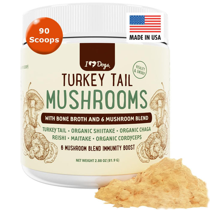 iHeartDogs Turkey Tail Mushroom for Dogs with Bone Broth and 6 Mushroom Blend Powder - Mushroom Supplement for Dogs