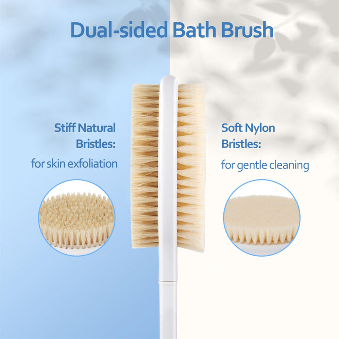 Back Scrubber Body Shower Brush: 20.5‘’ Extra Long Anti Slip Handle Bath Brush with Stiff and Soft Bristles - Showering Exfoliator for Women, Men, Elderly (Blue)