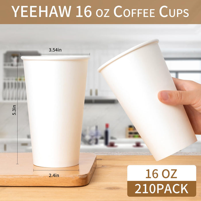 YEEHAW【16 oz 210 Pack Disposable Paper Coffee Cups, Bulk White Hot to Go Cups for Hot Coffee, Hot Liquid, Chocolate, Juice, Hot Beverage Drinkings, Ideal for Cafes, Bistros, Office and Family