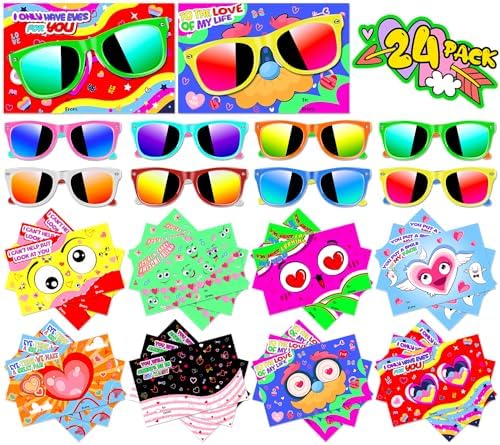 OLIKER Valentines Day Gifts for Kids Classroom,24 Pack Valentines Cards with Kids Sunglasses Bulk,Valentine Sunglasses Party Favors for Boys, Girls, Kids Classroom School Exchange Gifts