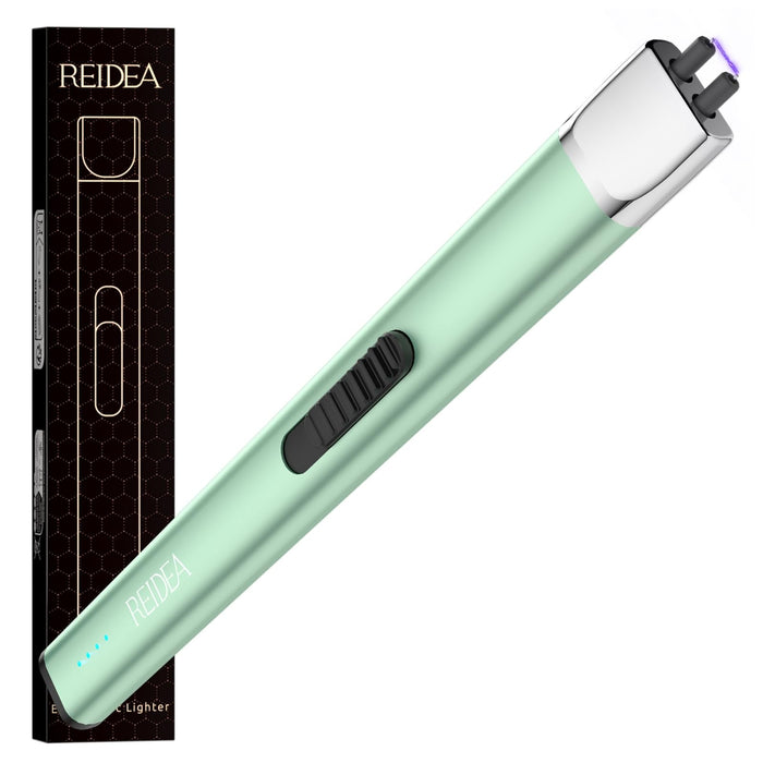 REIDEA Electric Lighter R1 Flat Candle Lighter, Windproof Flameless USB Rechargeable Arc Lighter with Safe Button and Power Indicator for Candle, BBQ and Fireworks, Mint Green