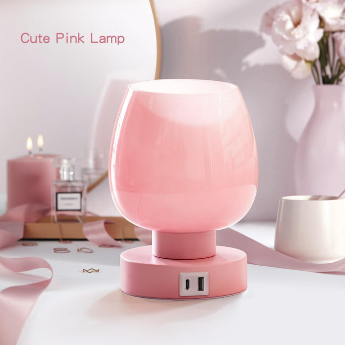 Touch Bedside Table Lamp - Pink Small Lamp for Bedroom with USB C+A Charging Ports 3 Way Dimmable, Nightstand Desk lamp with Glass Lamp Shade Warm LED Bulb Included, Simple Design Christmas