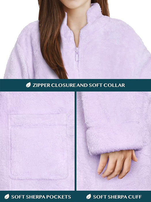 PAVILIA Womens Housecoat Zip Robe, Sherpa Zip Up Front Robe Bathrobe, Fuzzy Warm Zipper House Coat Lounger for Women Ladies Elderly with Pockets, Fluffy Fleece Long - Lavender Purple (Large/X-Large)