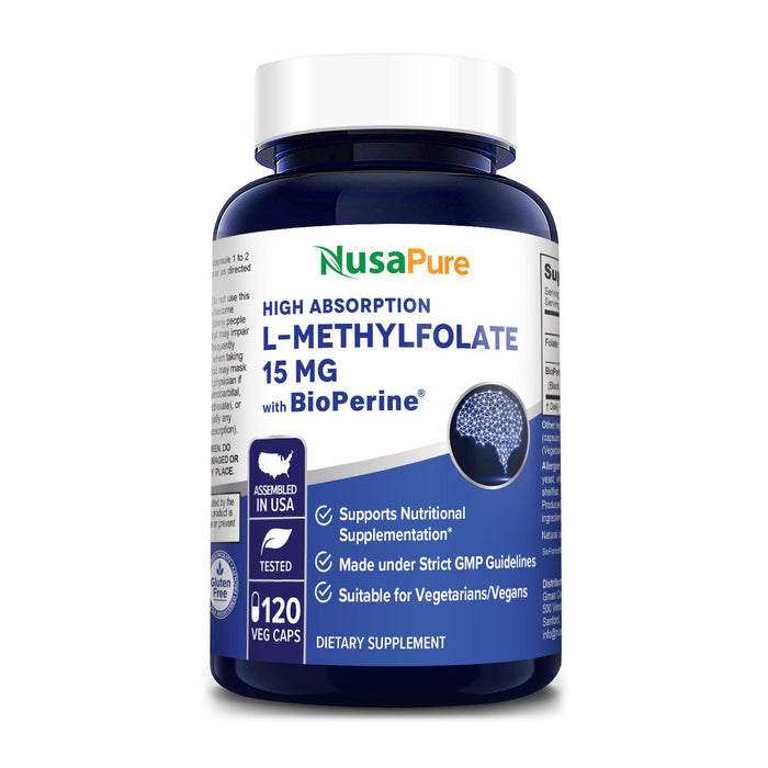 NusaPure L Methylfolate 15mg, 120 Veggie Capsules, Bioperine