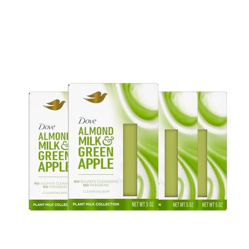 Dove Plant Milk Cleansing Bar Soap Almond Milk & Green Apple 4 count for Moisturized Skin Gentle Cleanser, No Sulfate Cleansers or Parabens, 98% Biodegradable Formula
