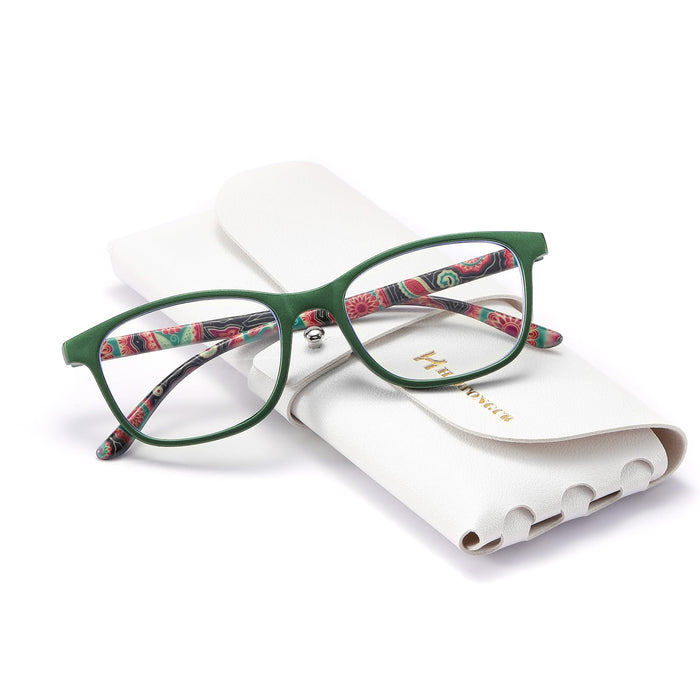 HAITONGCR Lightweight Ladies' Square-Frame Blue Light Blocking Reading Glasses for Women (Green 2.0) R1107