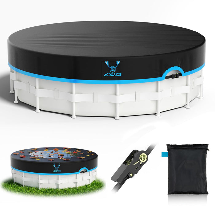 AGROAIDE 18ft Above Ground Pool Cover with Ratchet Tie Downs, 420D Oxford Fabric for All Season Use - Tear Resistant, UV & Dust Proof