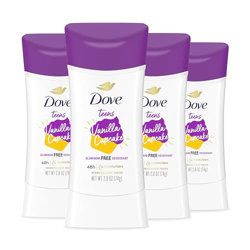 Dove Teens Deodorant Stick Vanilla Cupcake 4 Count Deodorant stick for teens 48-hour protection without aluminum 2.6 oz
