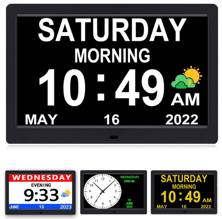 AINFTIME Digital Clock with Date and Day of Week for Elderly-12 Alarms Medication Reminder Dementia Alzheimers Clock Calendar with Extra Large Display (10.1 inch Black)