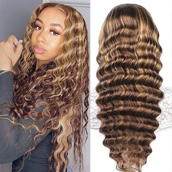 4/27 Deep Wave Lace Front Wigs Human Hair Honey Blonde Highlight Ombre Wigs Human Hair for Women 13x4 HD Transparent Lace Frontal Wigs Pre Plucked with Baby Hair 200 Density 32 Inch
