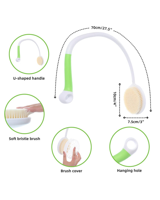 Fanwer 27.5” Back Bath Brush Long Handle for Shower and Silicone Body Scrubber, Shower Back Scrubber with Curved Handle for Elderly, Disabled, Limited Mobility, Post-Surgery, Frozen Shoulder