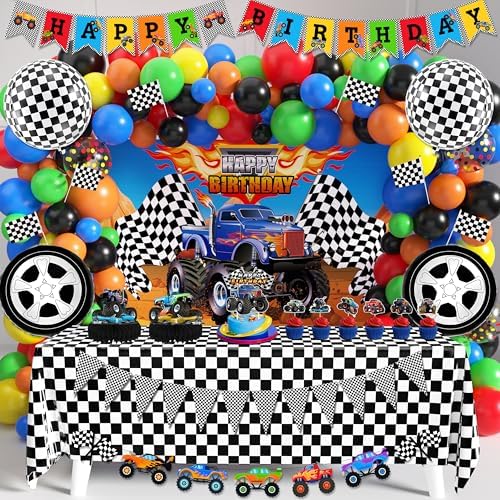 Truck Birthday Party Supplies Truck Theme Party Decorations, 99 Pcs(Backdrop Tablecloth Banner Triangle Bunting Cake Toppers Foil Balloons Honeycomb Centerpieces Flags Balloon Garland Arch Kit)