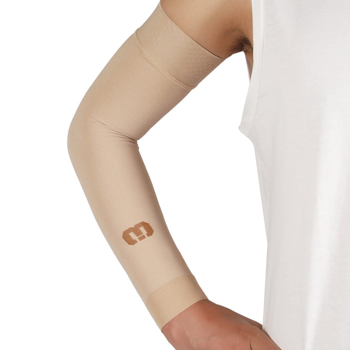 MGANG Lymphedema Compression Arm Sleeve for Women Men, Opaque, 15-20 mmHg Compression Full Arm Support with Silicone Band, Relieve Swelling, Edema, Post Surgery Recovery, Single Beige M