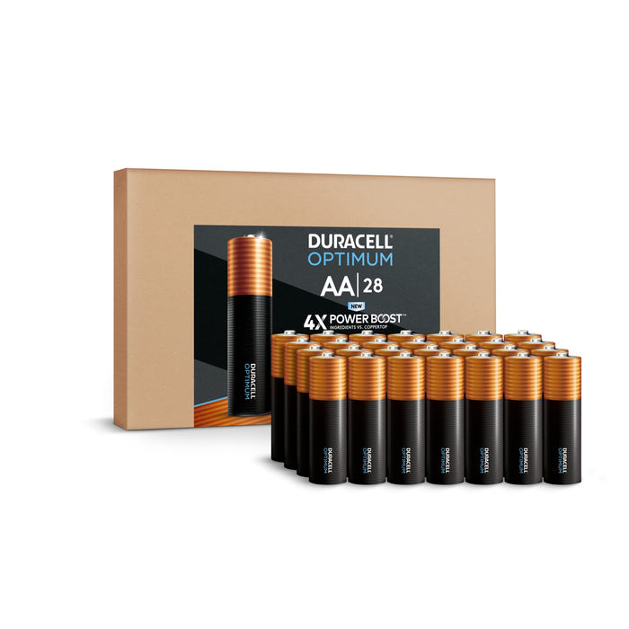 Duracell Optimum AA Batteries, 28 Count Pack Double A Battery with Power Boost Ingredients, Long-lasting Power Alkaline AA Battery for Household Devices (Ecommerce Packaging)