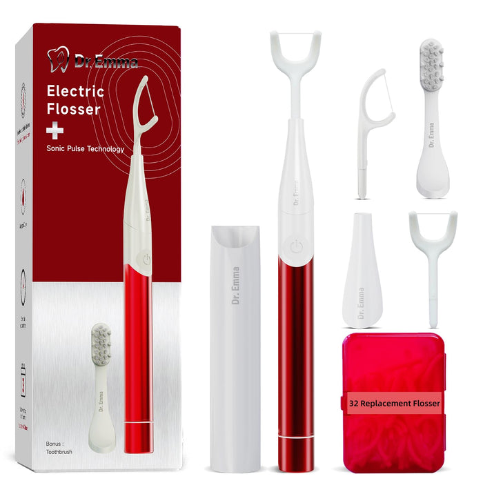 Dr. Emma Electric Vibration Flosser, Power Flosser for Adults, Gum Stimulator, Teeth Cleaner, Reusable Flossing Tool with Toothbrush, Water Flosser Alternative, Red