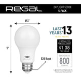 Regal LED A19 Light Bulb 5000K Daylight 800-Lumen, 9-Watt (60-Watt Equivalent), E26 Base, 5000 Kelvin, Day Light, 5-Pack, Non-Dimmable