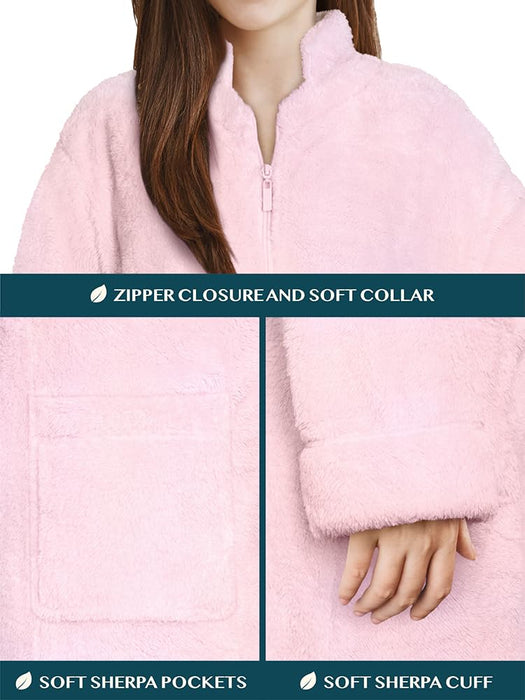 PAVILIA Womens Housecoat Zip Robe, Sherpa Zip Up Front Robe Bathrobe, Fuzzy Warm Zipper House Coat Lounger for Women Elderly with Pockets, Fluffy Fleece Long Plus Size, Light Pink (2X/3X)