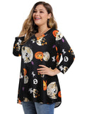 MONNURO Womens 3/4 Sleeve V Neck Plus Size Flowy Swing Tunic Tops Loose Halloween Shirts for Women Wearing with Leggings (Skull Halloween Black,5X