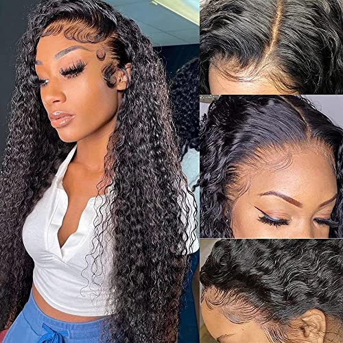 CHEETAHBEAUTY Deep Wave 13X6 HD Transparent Lace Front Wigs Brazilian 10A Grade Deep Curly Human Hair Wigs for Black Women Pre Plucked with Baby Hair Natural Black 250% Density(24inch)