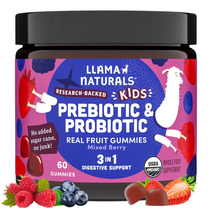 Llama Naturals Real Fruit Prebiotic & Probiotic Kids Gummies, No Added Sugar Cane, Vegan Organic Synbiotics, Children Digestion, Toddler Tummy Aches, Gut Health, 2B CFU, 60 ct (30 Days) Mixed Berry