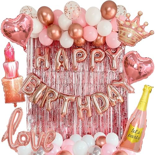 [UPGRADED] VIDAL CRAFTS 71-Piece Rose Gold Birthday Decorations - Party Backdrop with Latex, Foil & Confetti Balloons, Happy Birthday Banner & Rose Gold Foil Fringe Curtains