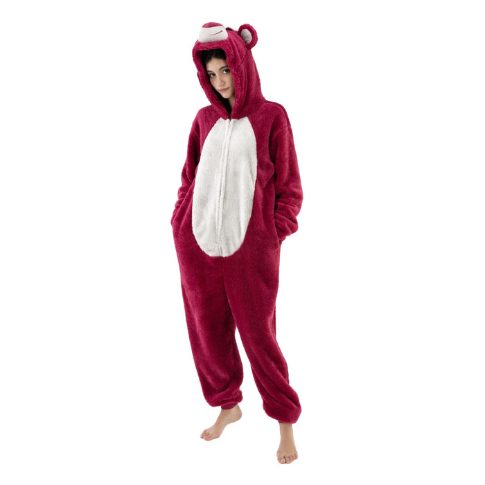 COSUSKET Snug Fit Unisex Adult Lotso Onesie Pajamas, Sherpa Cosplay Bear One Piece Halloween Costume Sleepwear Homewear