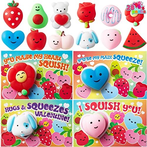 JOYIN 28 Packs Gift Cards with Mochi Squishy Toys, Kawaii Squeeze Stress Relief Fidget Toy for Kids Party Favor Classroom Exchange Prizes