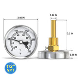 MEANLIN MEASURE 1/2" NPT Bimetal Thermometer for hot Water, boilers, and Pipes，2-1/2" Dial, 2-1/4" Lead-Free Brass Stem，Temperature Range 0-250°F/-20-120°C,Center Back Mount (Pack of 2