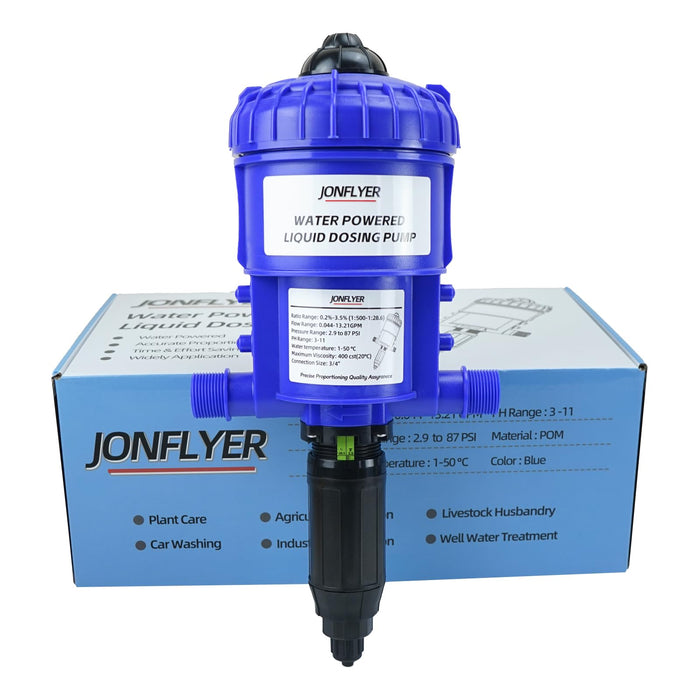 JONFLYER GEN Ⅱ 0.2-3.5% Fertilizer Injector Automatic Chemical Liquid Dosing Pump,13.21 GPM,POM Housing,Water Powered Liquid Dispenser for Drip Irrigation Garden Greenhouse Livestock Water Well