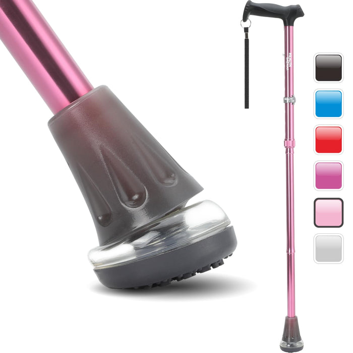 HEALTHBAZAAR All Terrain Walking Cane for Men & Women, Lightweight, Foldable, Adjustable, Shock Absorption, Collapsible, Air Cushion Cane Tip Walking Stick for Seniors & Adults (Pink)