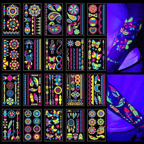 20 Sheet Glow in The Dark Temporary Tattoos 160+Styles Blacklight UV Neon Body Face Paint,Fake Tattoo Stickers for Women,Adult, Rave Festival Accessory Decorations,Glow in The Dark Party Supplies
