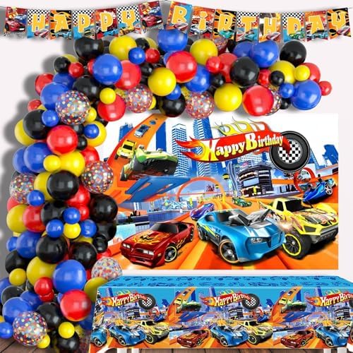 Race Car Birthday Party Decorations - 125PCS Hot Car Birthday Party Supplies Including Backdrop, Balloon Arch/Garland Kit, Tabblecloth, Banner