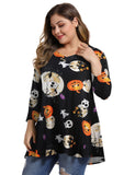 MONNURO Womens 3/4 Sleeve V Neck Plus Size Flowy Swing Tunic Tops Loose Halloween Shirts for Women Wearing with Leggings (Skull Halloween Black,5X