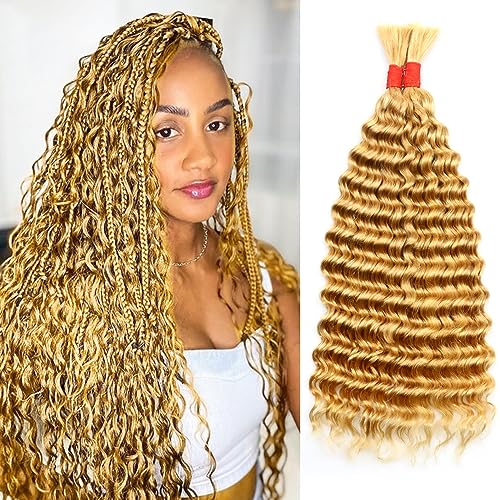 Deep Wave Bulk Human Hair for Braiding No Weft 100 g (1 Pack-2 Bundles) 100% Unprocessed Brazilian Virgin Human Hair Bulk Human Braiding Hair For BOHO Braids Curly Deep Bulk 22 inch Honey Blonde #27