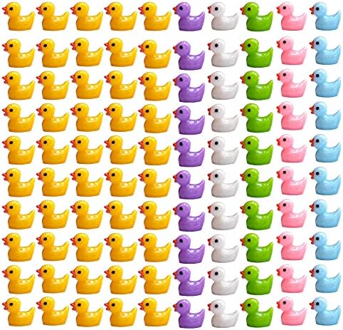 150 Pieces Mini Resin Duck Miniature Figures Micro Fairy Garden Landscape Aquarium Dollhouse Ornament Potted Plants Decoration DIY Slime Charms for Christmas Birthday Party (100Yellow+50Multicolor)