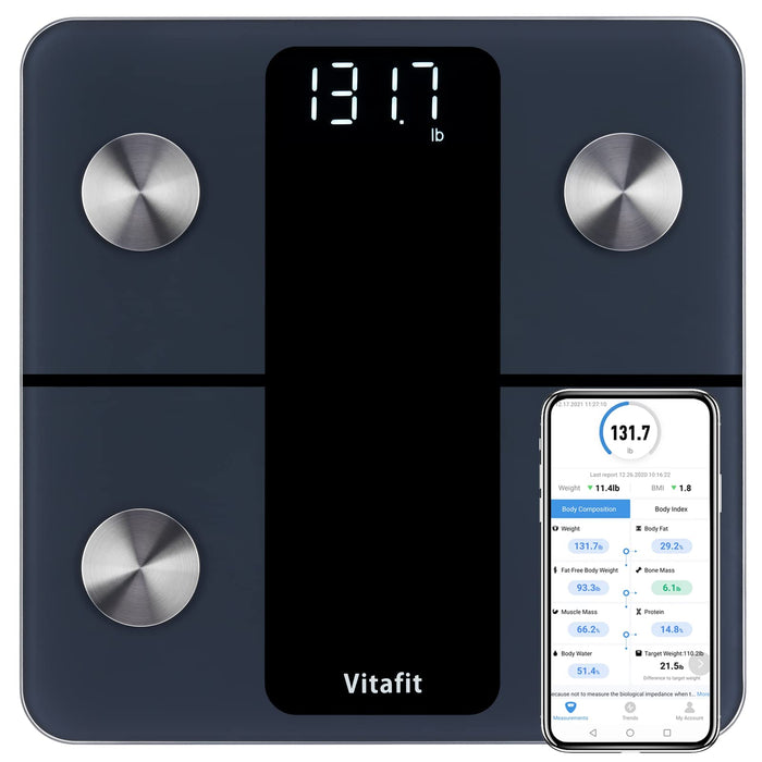 Vitafit Smart Bathroom Scale for Body Weight, Weighing Professional Factory Since 2001, App Sync Digital Scales 13 Body Composition Including BMI, Body Fat and Muscle, 400lb, Black