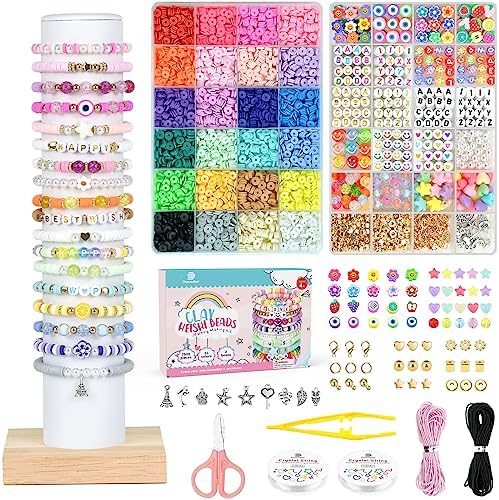 Dowsabel Clay Beads 7500 Pcs Friendship Bracelet Making Kit,2 Boxes 24 Colors Polymer Heishi Beads with Letter Beads for Jewelry Making, DIY Arts and Crafts Gifts Toys for Girls Age 4+