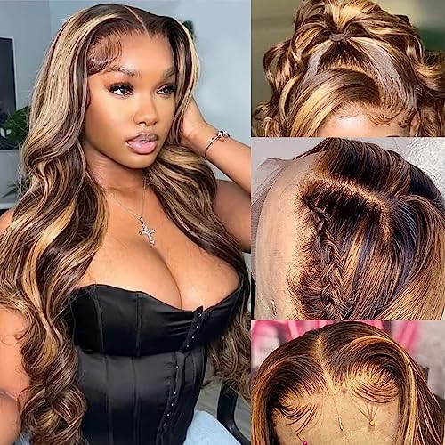 Highlight Ombre 13x4 Body Wave Human Hair Wigs for Women Lace Front Wig HD Transparent Lace Frontal Wigs 4/27 Color Honey Blonde Glueless Wigs Human Hair Pre Plucked with Baby Hair 26Inch