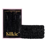 SILKIE x4 Set - Better than Satin - 100% Pure Mulberry Silk Black on Black Skinny Scrunchies Travel Pouch Everyday Hair Ties Elastics Hair Care Ponytail Holder No Damage (Noir)