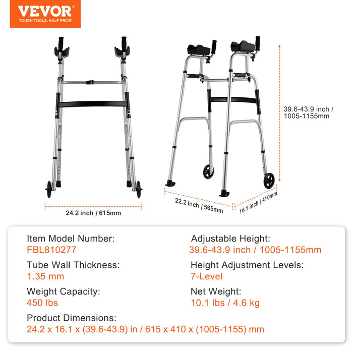 VEVOR 2 in 1 Folding Walker & Removable Armrests, Height Adjustable Foldable Walker with 5" Solid Wheels, Lightweight Aluminum | Front Wheeled Mobility Aid for Elderly Handicapped Disabled, 450 Pounds